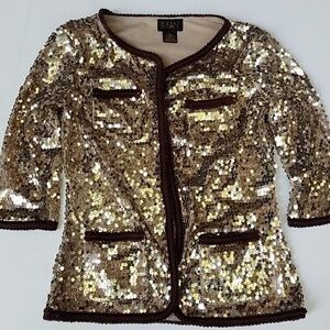 Iman beaded sequined jacket gold xs brown trimmed